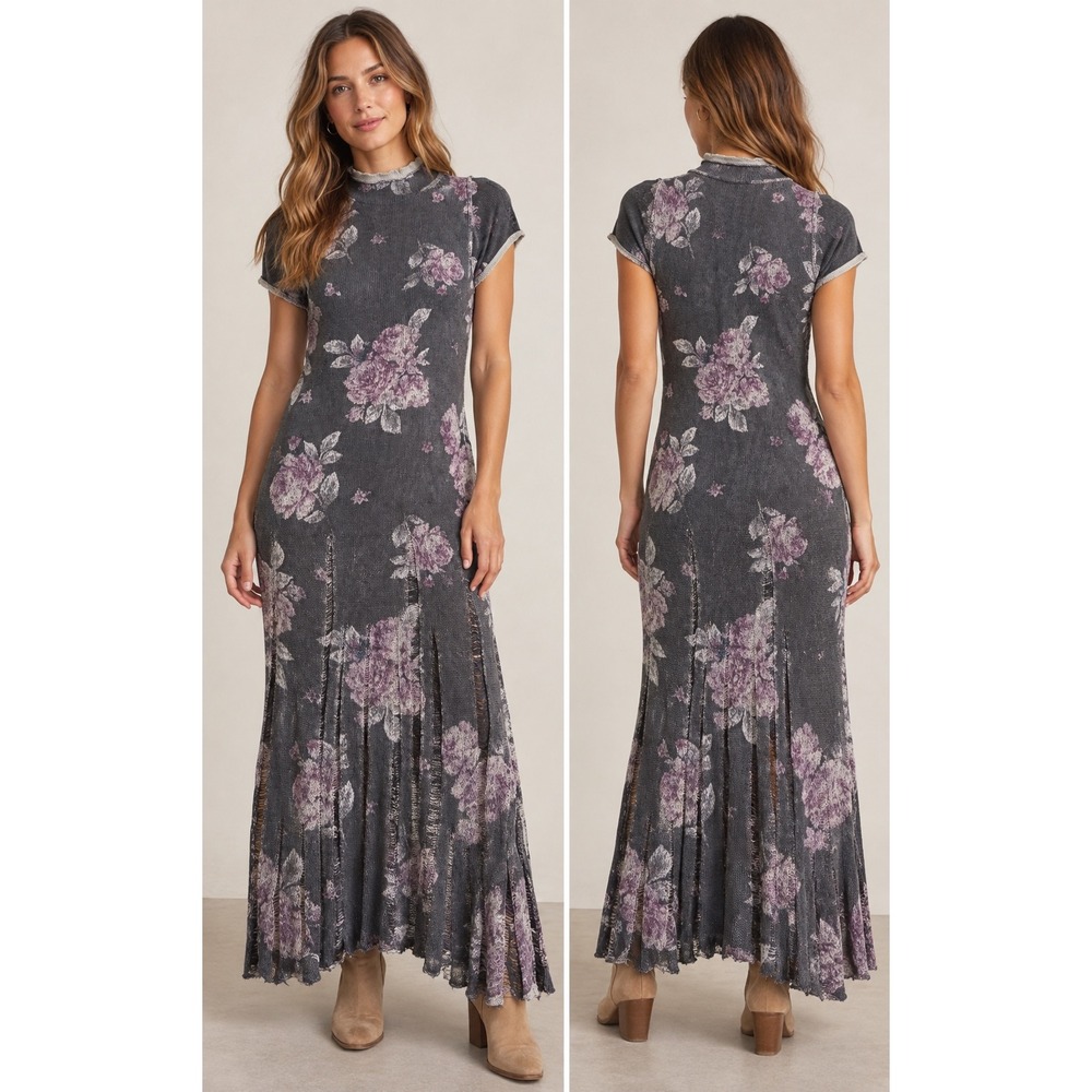 Free People Floral Knit Maxi Dress Grey Purple Distressed Hem Sweater Dress XS